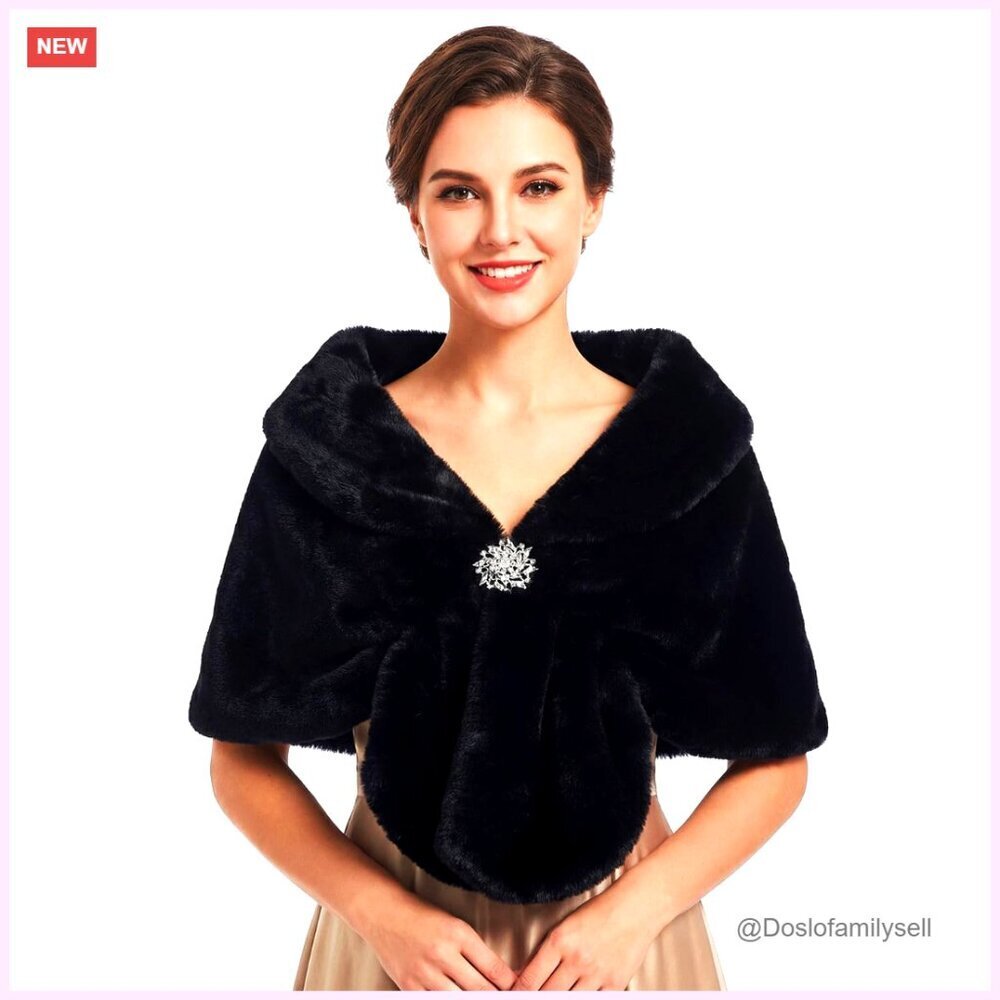 Faux Fur Shawl Wrap with Brooch for Evening Dresses, US 4-14